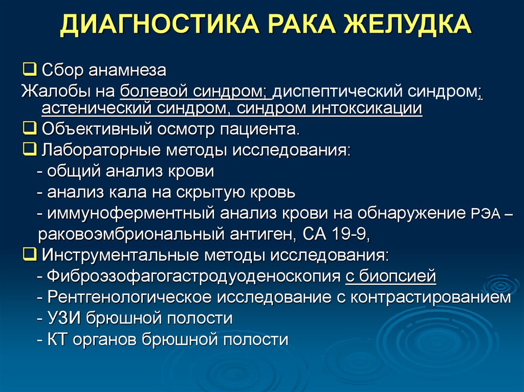 Схема диагностических мероприятий при наличии опухоли в желудке