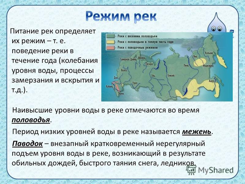 Питание и режим реки. Питание и режим рек. Питание рек России. Типы водного режима рек. Особенности питания рек.