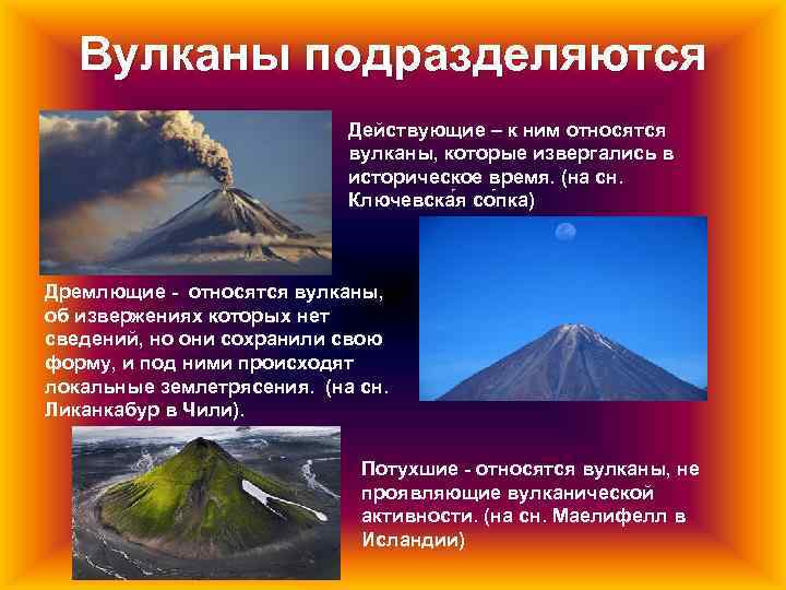 Действующие уснувшие и потухшие вулканы. Вулкан по ОБЖ.